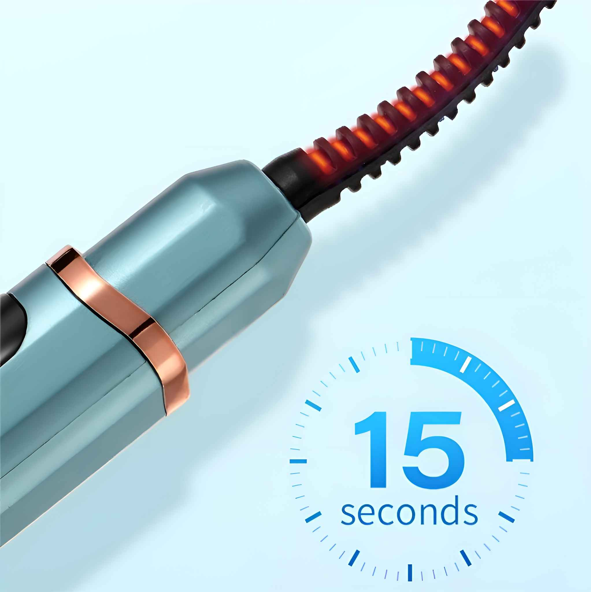 Ein elektrischer Wimpernzange mit blauem Griff und kupferfarbenen Akzenten. Der Heizkopf ist rot. Ein Timer zeigt '15 Sekunden'.