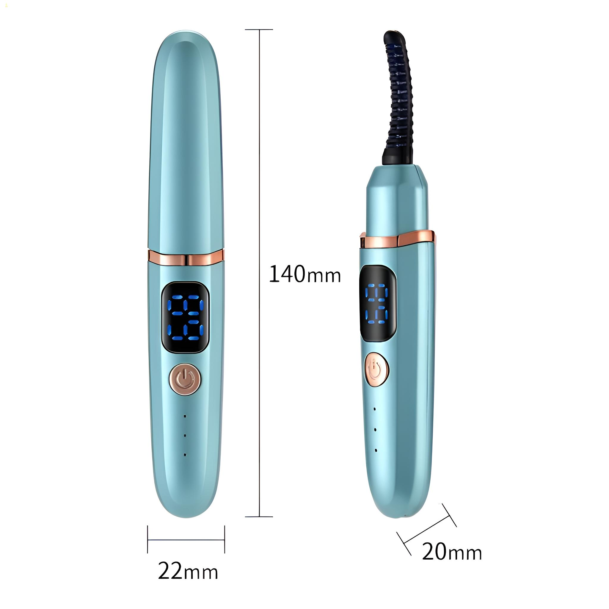 Zwei blaue Wimpernzangen mit Digitalanzeigen und Abmessungen. Eine offen, eine geschlossen. Beide haben goldene Akzente und schwarze Keringelemente.