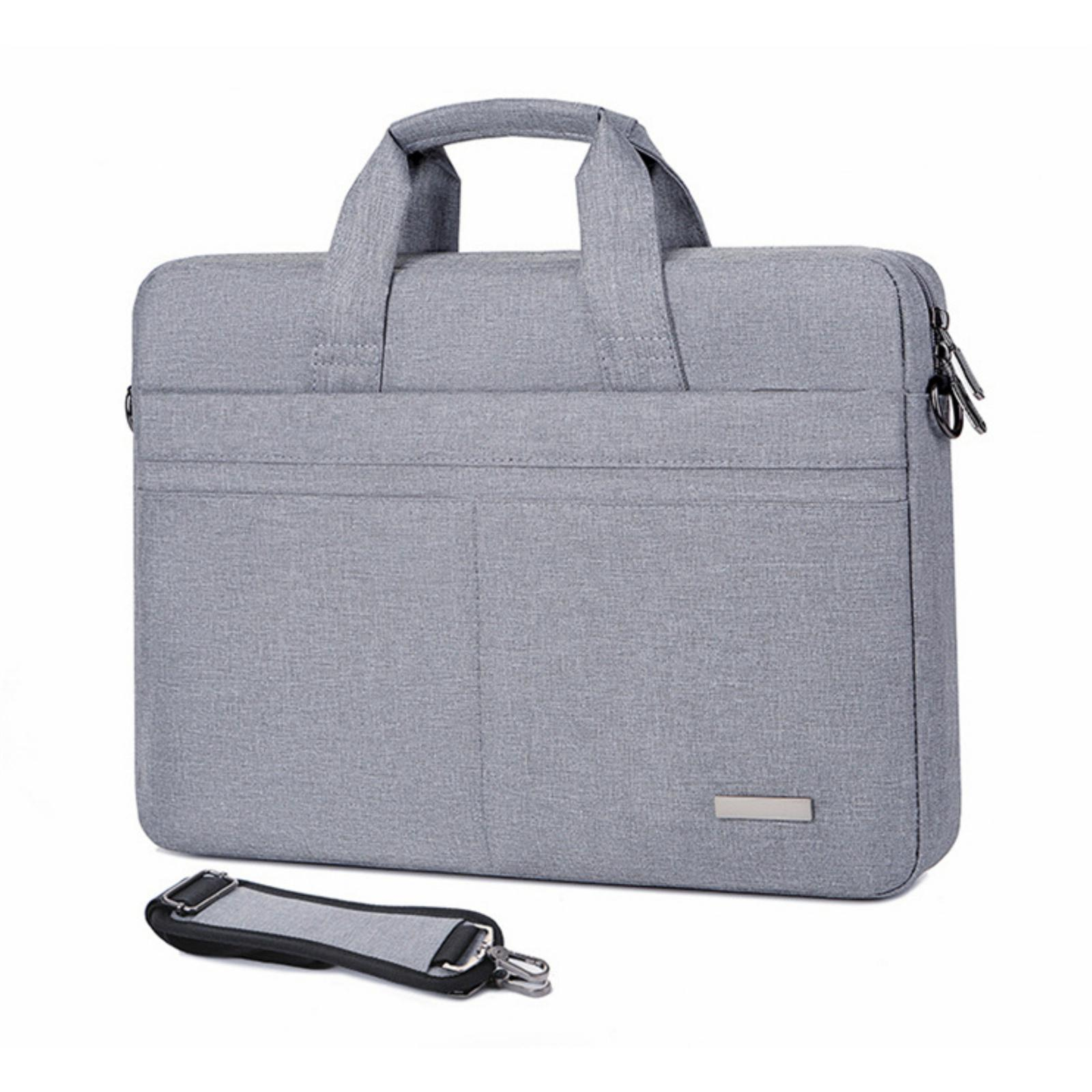 Eine graue Laptoptasche mit Griff und abnehmbarem Schultergurt. Die Tasche ist rechteckig mit Reißverschluss und Metallplatte.