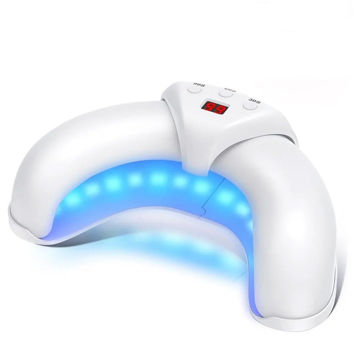 Weiße Nagellampe mit blauen LED-Leuchten. Sie hat eine Digitalanzeige mit roter Zahl und drei Tasten.