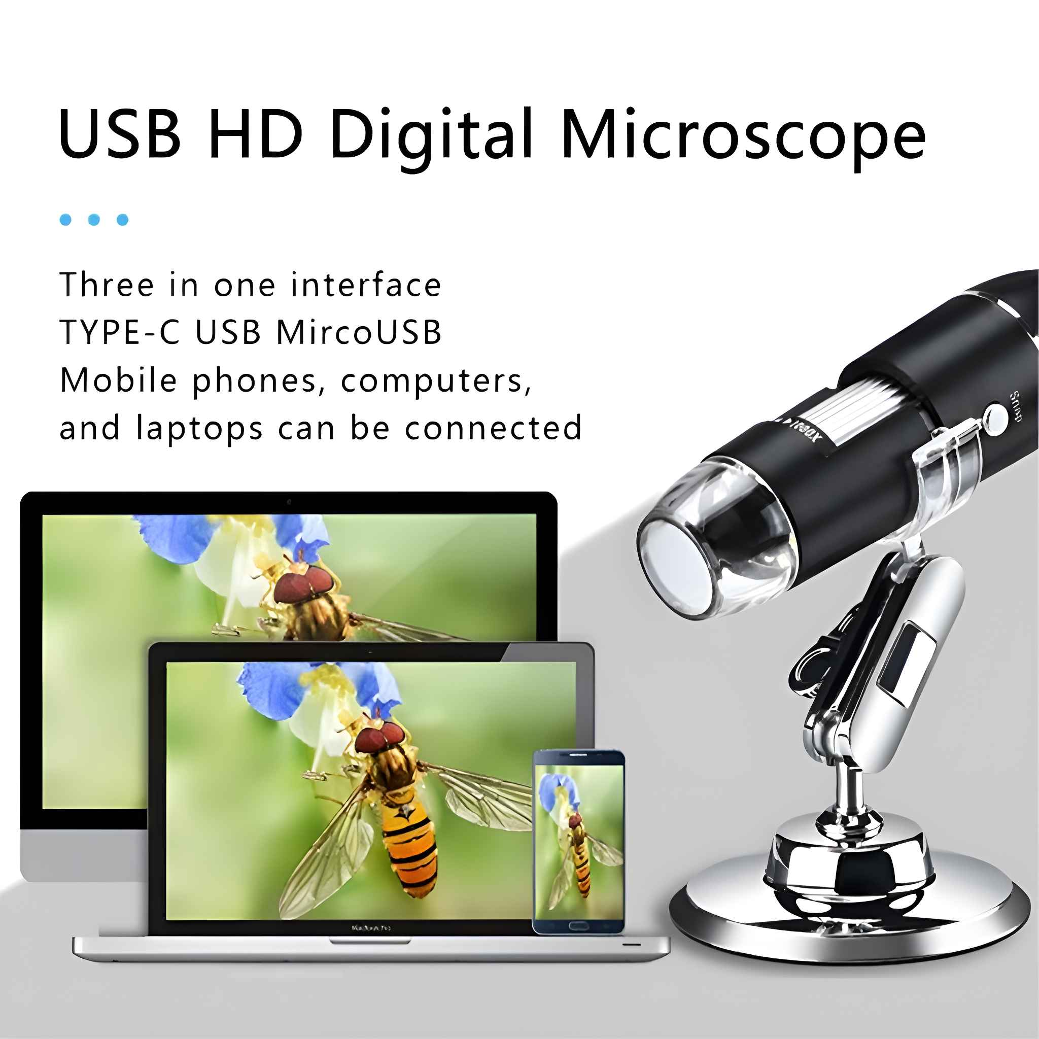 Ein USB-HD-Digitalmikroskop mit drei Schnittstellen. Drei Bildschirme zeigen eine Biene auf einer Blume. Das Mikroskop ist schwarz und silber.