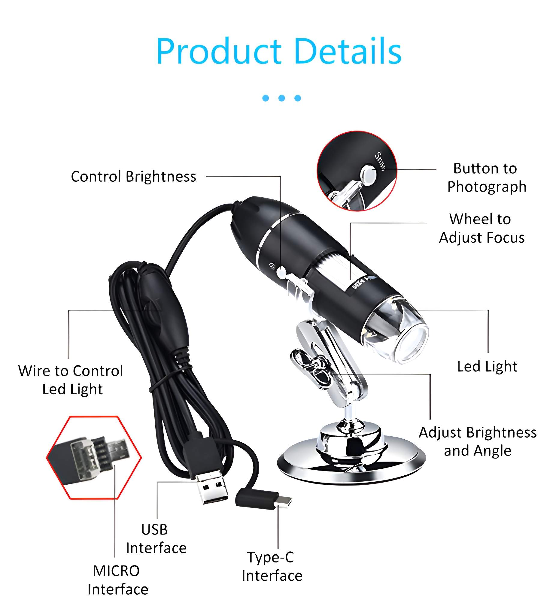 Ein schwarzes und silbernes Mikroskop mit beschrifteten Teilen: LED-Licht, Rad zur Fokuseinstellung, USB- und Typ-C-Schnittstellen. Weißer Hintergrund.