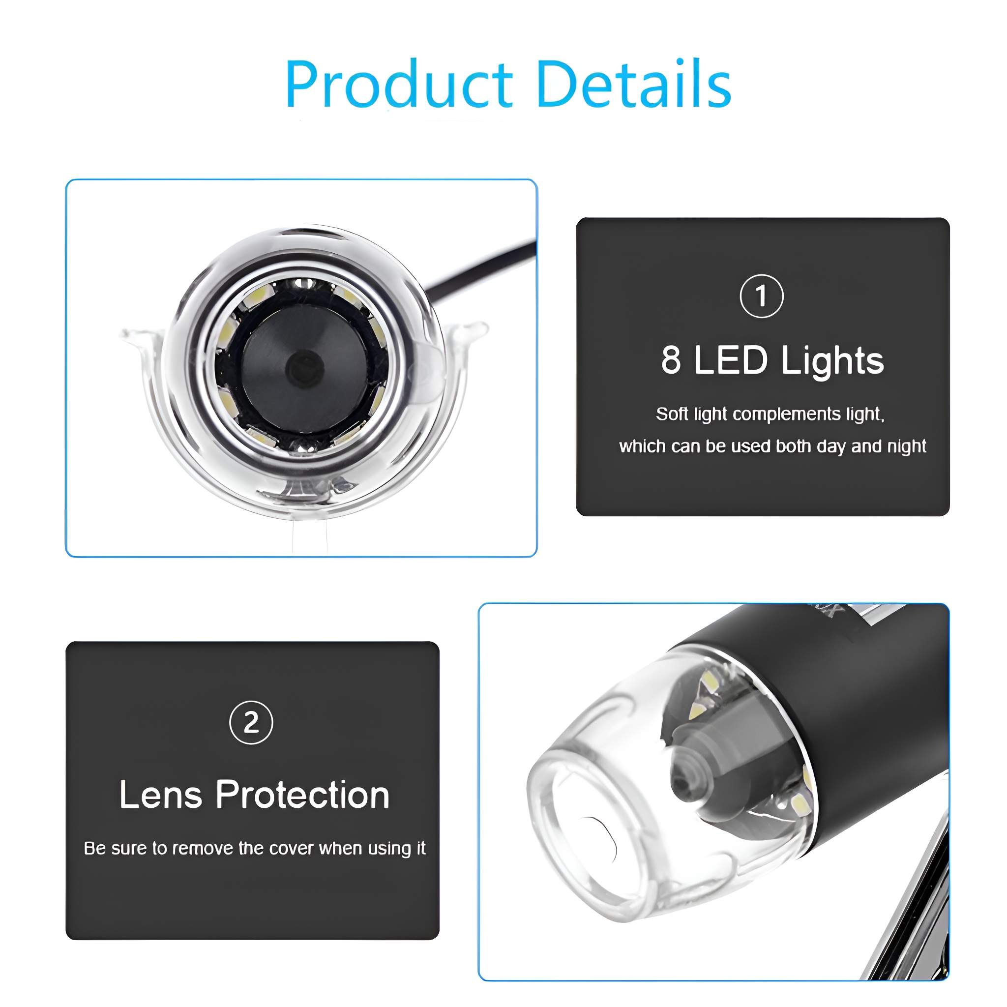 Produktbild. Zeigt ein Mikroskop mit 8 LED-Leuchten, Linsenschutz und zugehörigem Text.