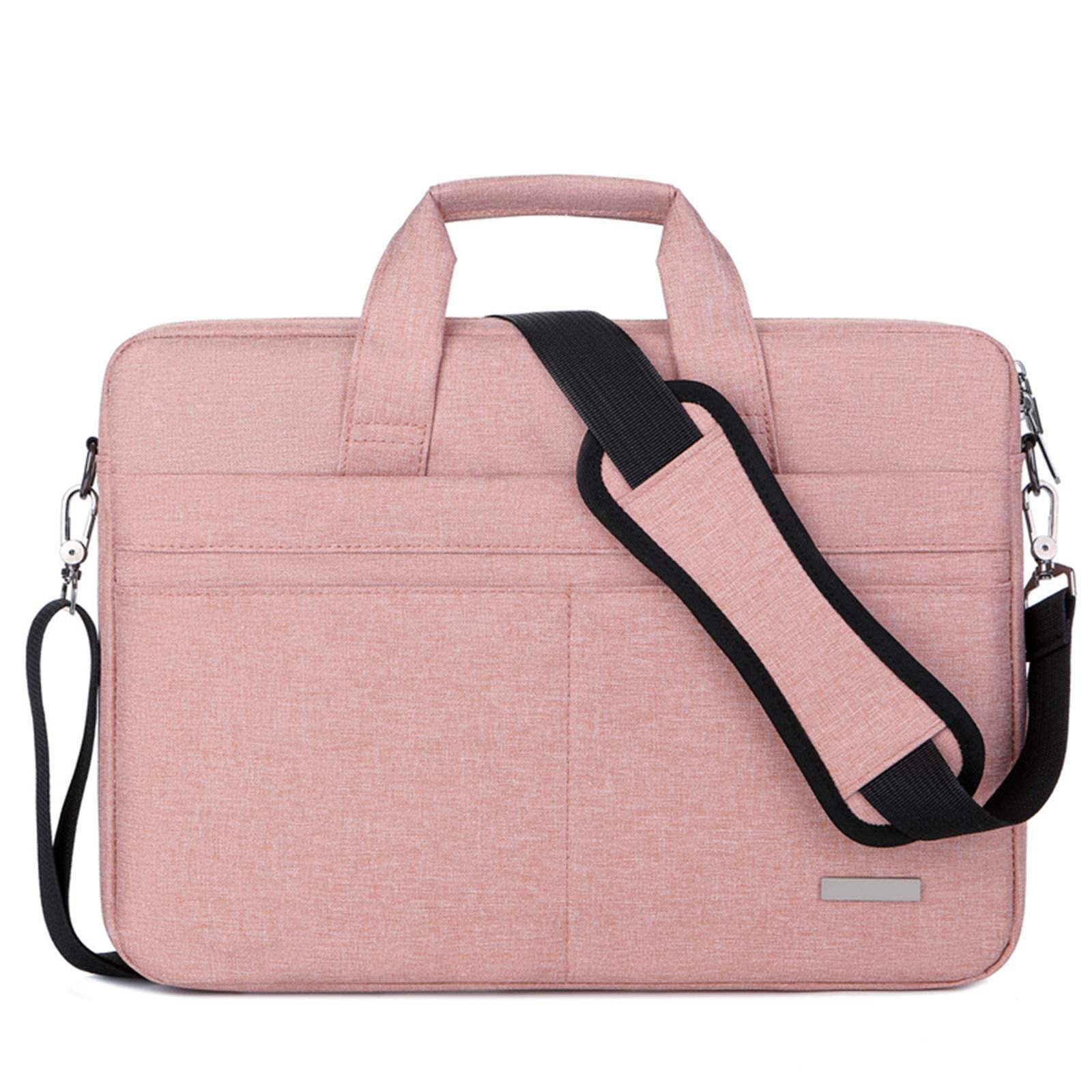 Rosa Laptop-Tasche mit schwarzem Schultergurt. Sie hat einen Griff und ein kleines Metallschild.