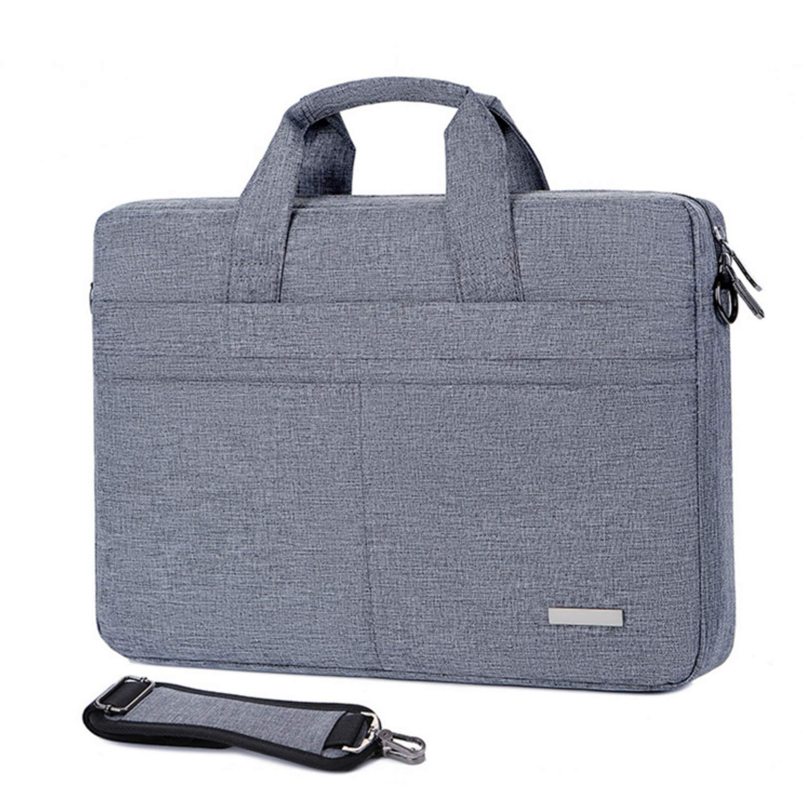 Graue Laptoptasche mit Griff, Schultergurt und Vordertasche. Metallreißverschlüsse und eine Metallplatte sind sichtbar.