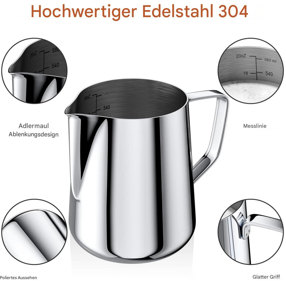 Ein Edelstahlkrug mit Messungen, beschriftet als 'Hochwertiger Edelstahl 304'. Nahaufnahmen zeigen Details wie Ausguss und Griff.