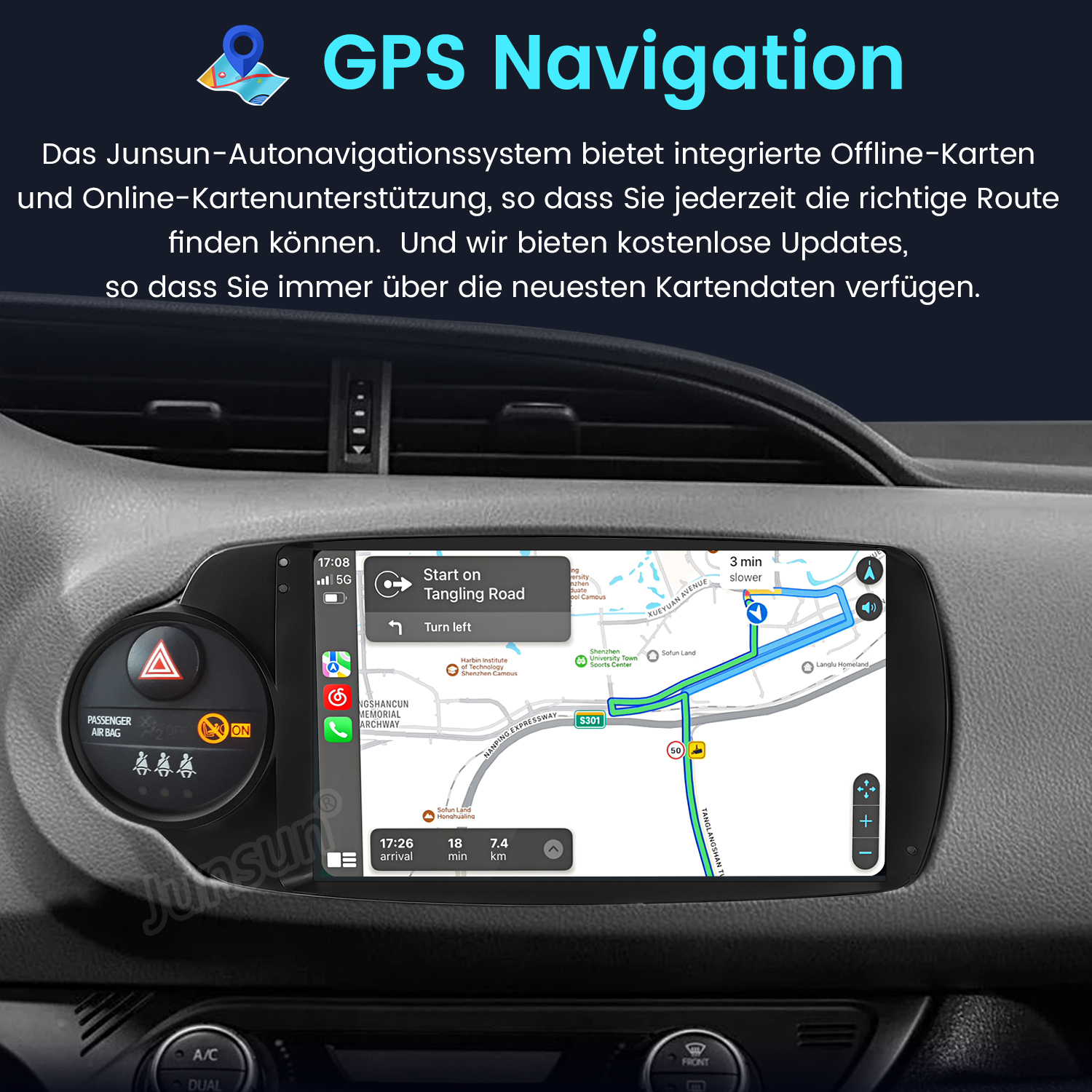 Autotafel mit GPS-Navigation, die eine Route anzeigt. Der Bildschirm zeigt eine Karte mit Wegbeschreibungen und Verkehrsinformationen.