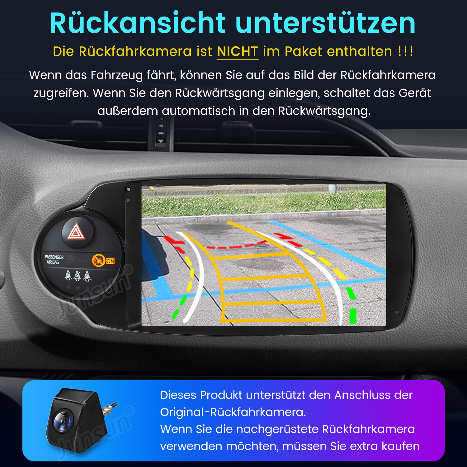 Armaturenbrett mit Bildschirm, der Parklinien zeigt. Eine Rückfahrkamera wird angezeigt. Text erklärt Funktionen und Kamerakompatibilität.