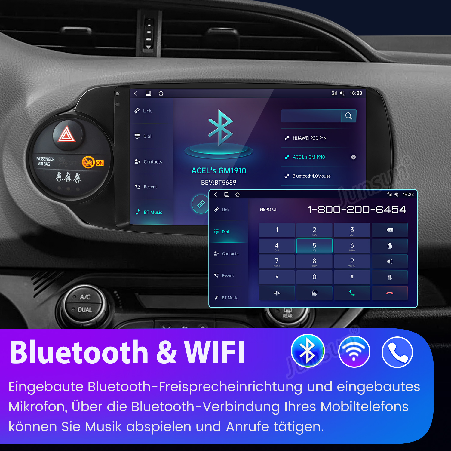Autodisplay mit Touchscreen, der Bluetooth-Optionen anzeigt. Wähltastenfeld, Anruftaste und Fahrzeugbedienelemente sichtbar.