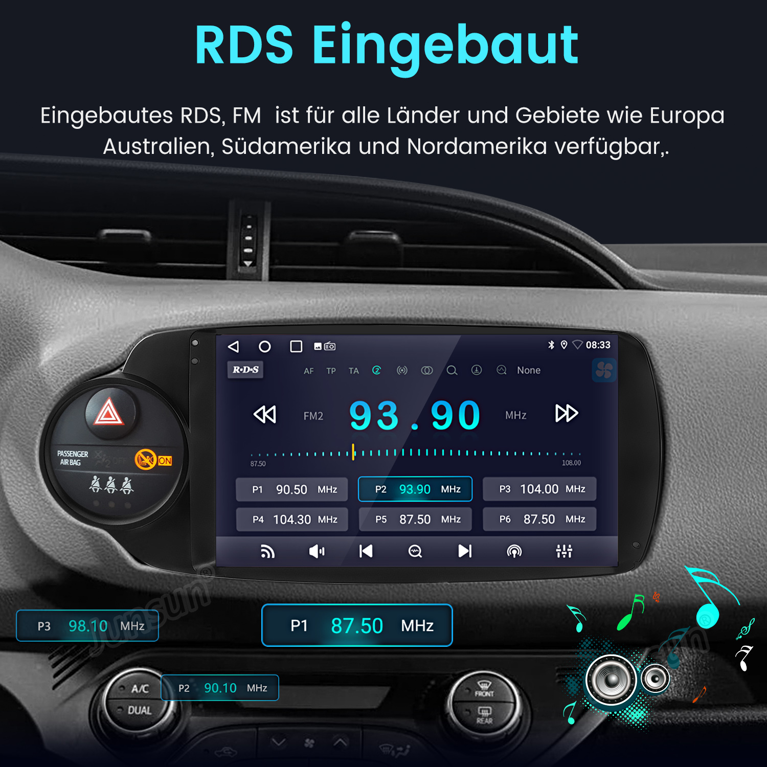Auto-Armaturenbrett mit Radioanzeige, die 93,90 MHz anzeigt. Mit Tasten und einer Beifahrer-Airbag-Warnleuchte. Text auf Deutsch ebenfalls sichtbar.