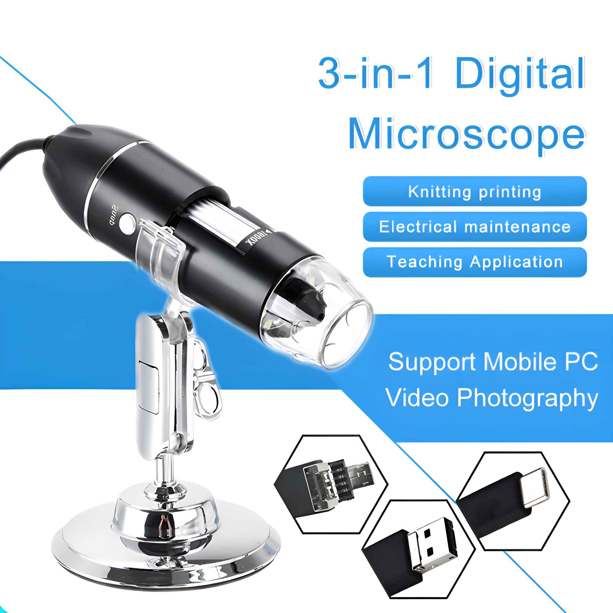 Ein schwarzes digitales Mikroskop auf einem silbernen Ständer. Text enthält '3-in-1 Digitalmikroskop' und Anwendungsbereiche. USB-Anschlüsse werden gezeigt.