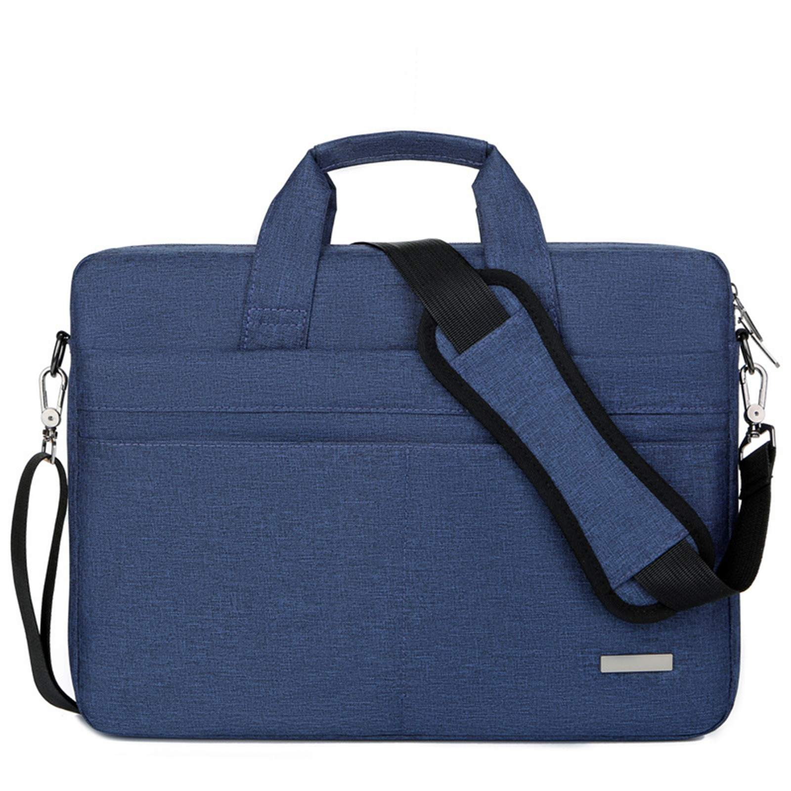 Eine blaue Laptoptasche mit Griff und schwarzem Schultergurt. Sie hat eine Vordertasche und ein Metalldetail.