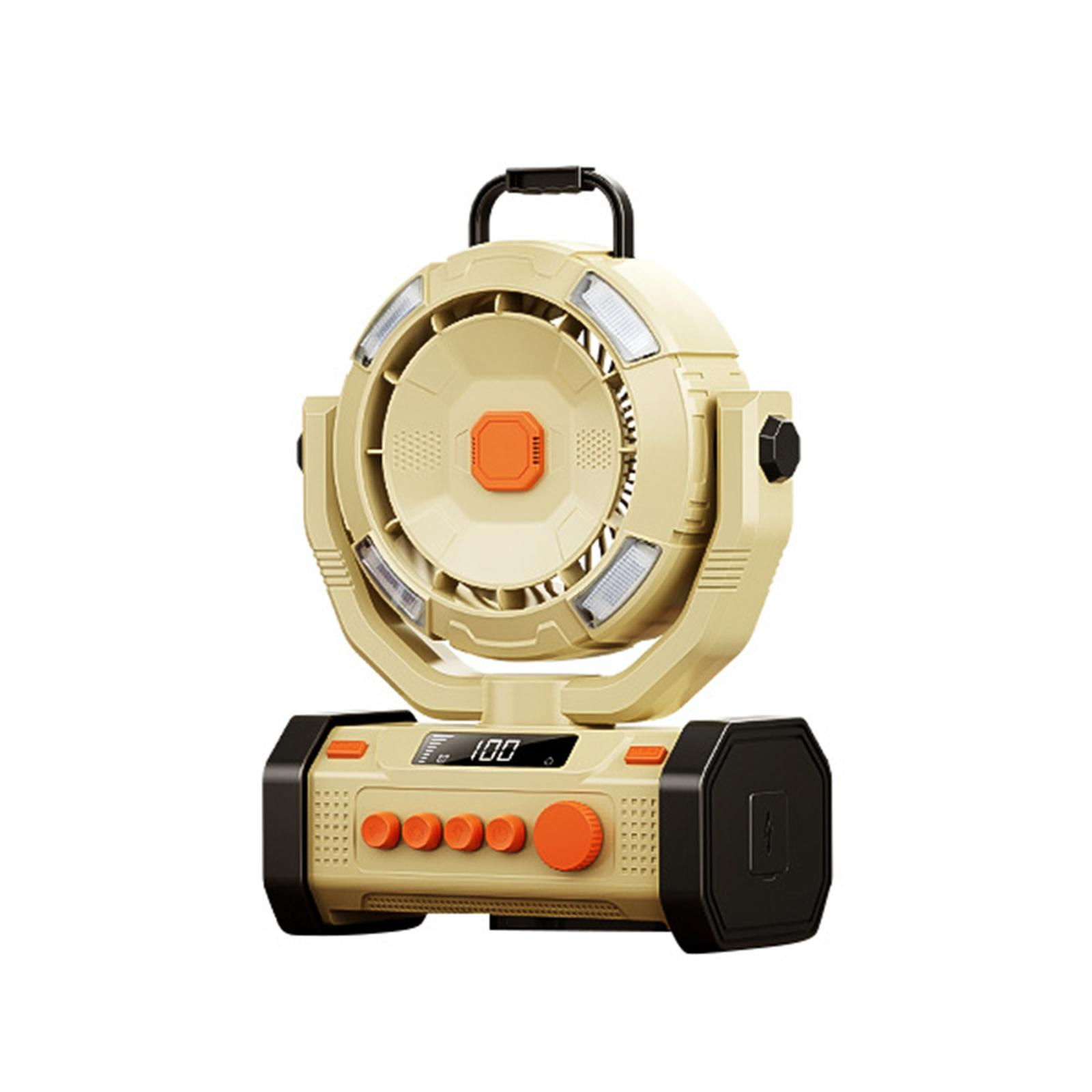 Eine tragbare Leuchte in Beige und Schwarz mit einem orangefarbenen Knopf und einem Griff oben.