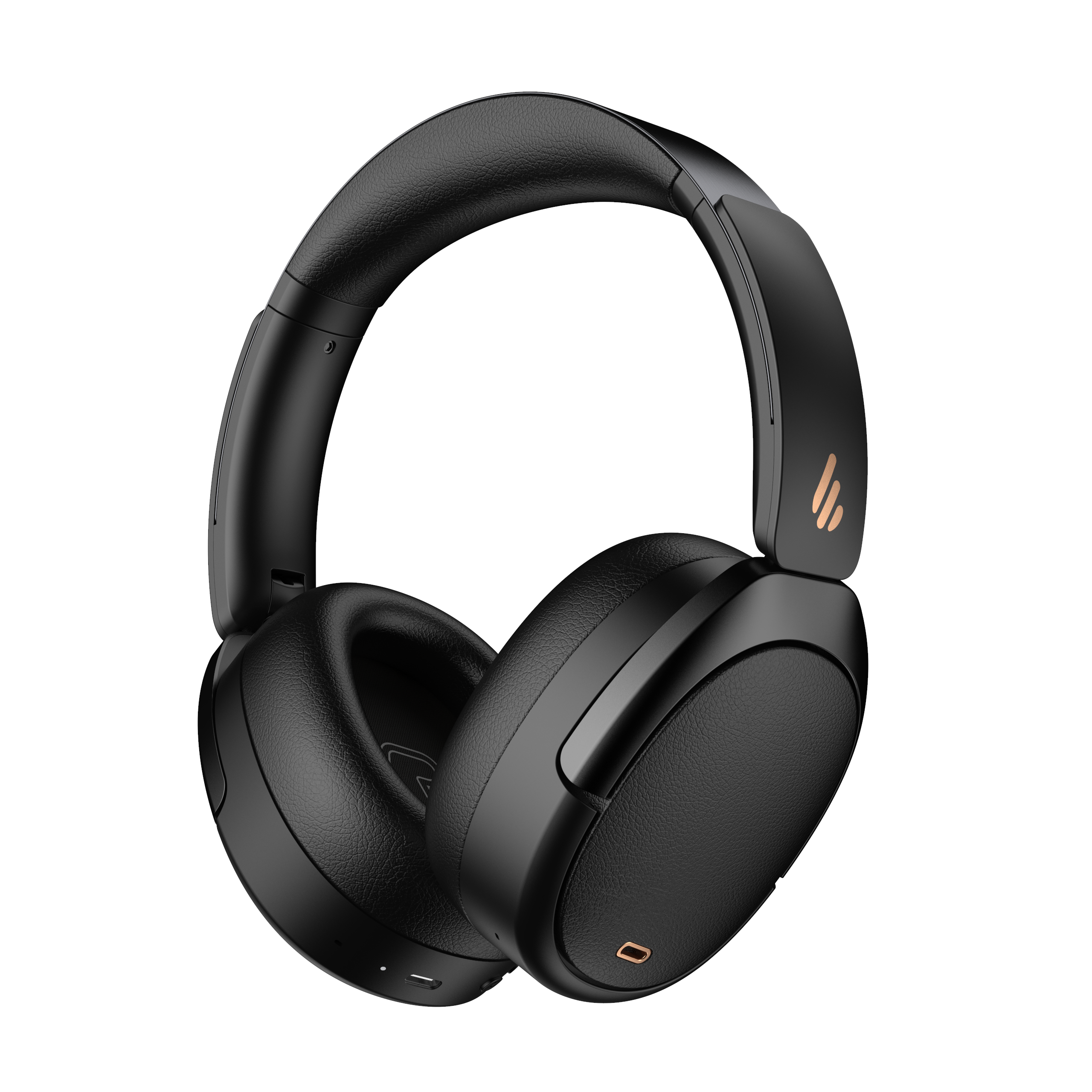 Cuffie nere over-ear con padiglioni in similpelle. L'archetto è imbottito. Lo sfondo è nero.