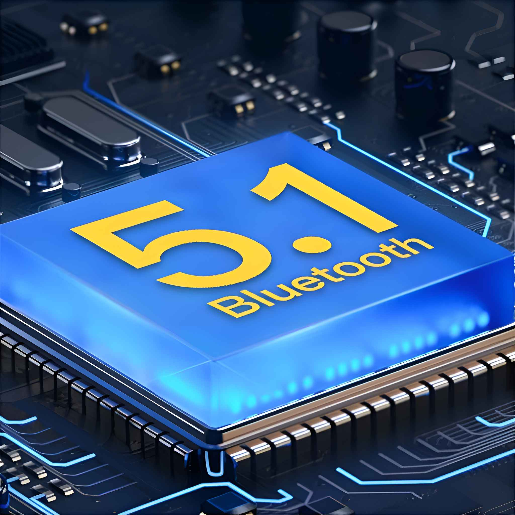 Nahaufnahme einer blauen Leiterplatte mit gelbem '5.1 Bluetooth'-Logo. Der Hintergrund enthält elektronische Bauteile und Schaltkreise.