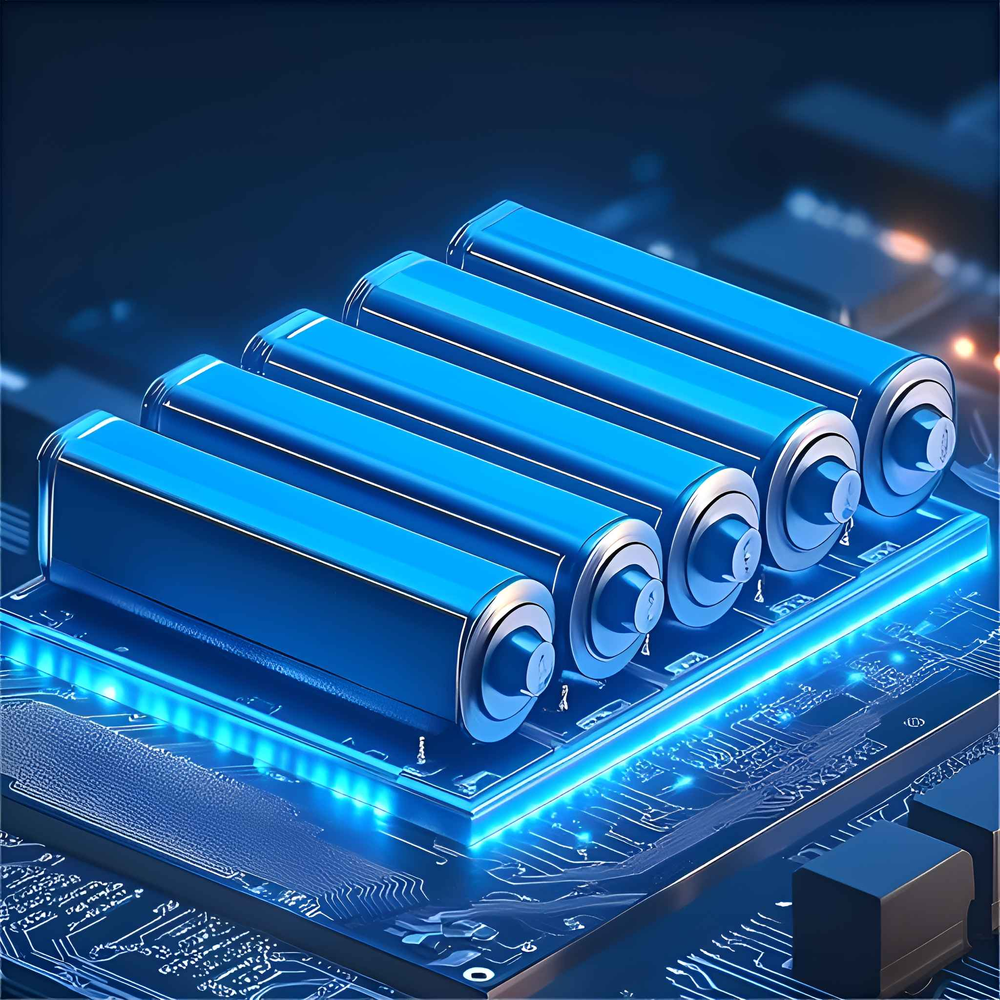 Fünf blaue Batterien auf einer Platine. Die Szene ist futuristisch, mit leuchtenden blauen Linien und dunklem Hintergrund.