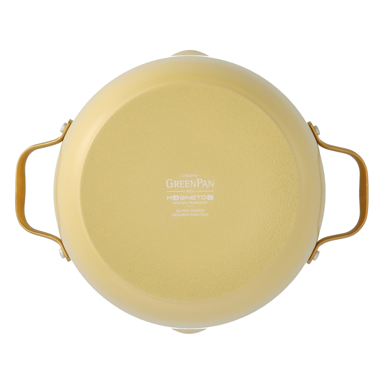 Eine gelbe GreenPan-Bratpfanne. Sie hat zwei goldene Griffe. Der Markenname und Details sind auf dem Boden aufgedruckt.