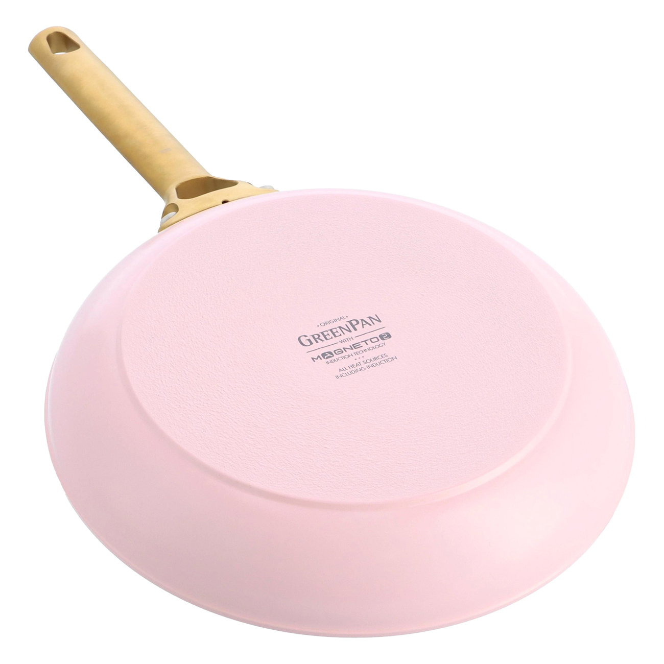 Eine rosa GreenPan-Bratpfanne, Unteransicht. Sie hat einen hellbraunen Griff. Auf der Pfanne steht "GreenPan" und "Magneto Induction Technology".