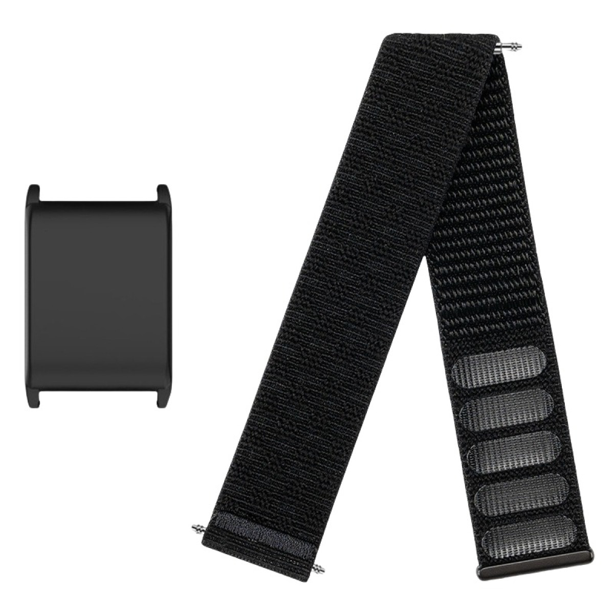 Auf einer weißen Oberfläche befinden sich ein schwarzes Uhrenarmband und ein Verbinder. Das Armband hat Löcher, der Verbinder ist rechteckig.