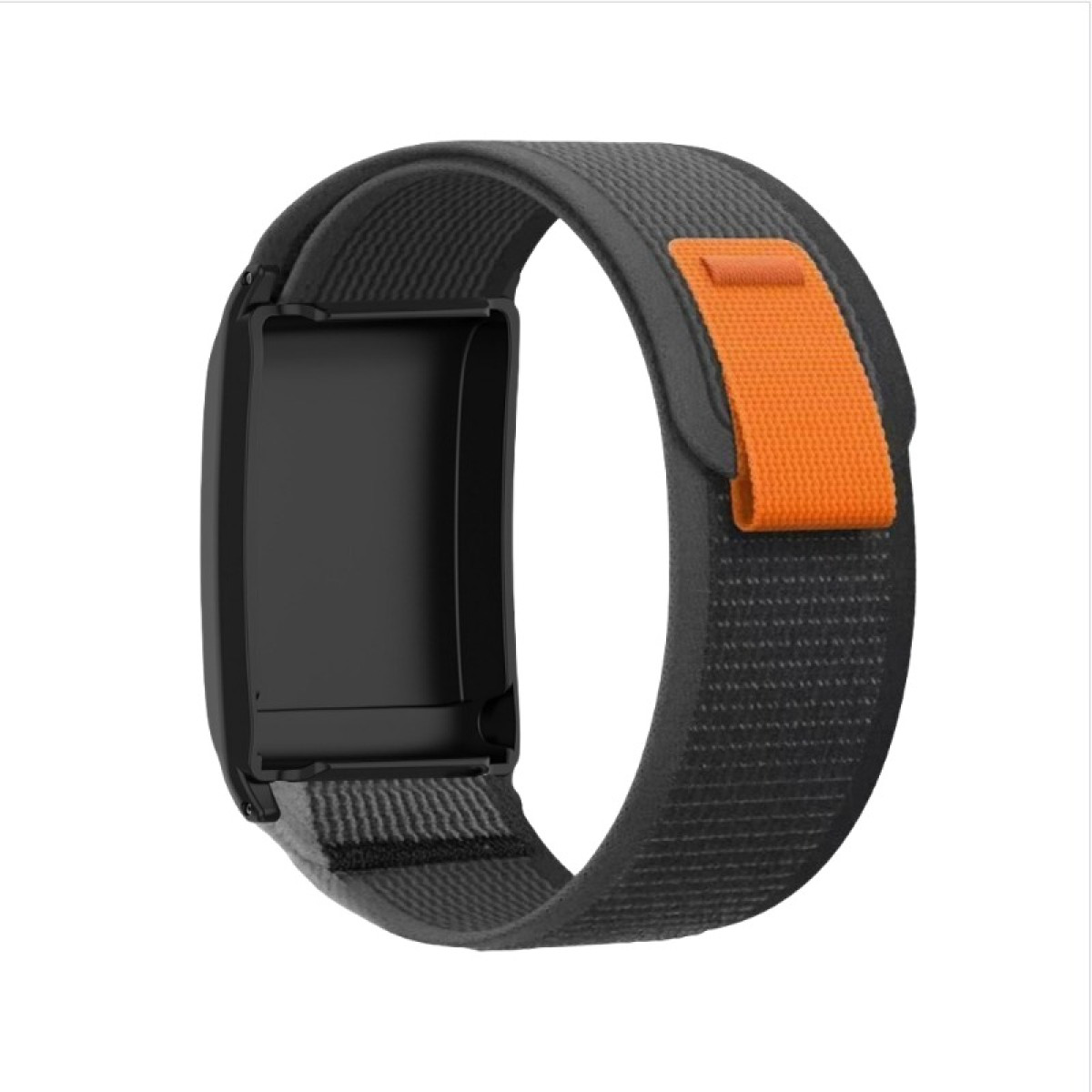 Tracker di fitness nero con cinturino arancione. Il cinturino è grigio scuro e lo schermo del tracker è nero.