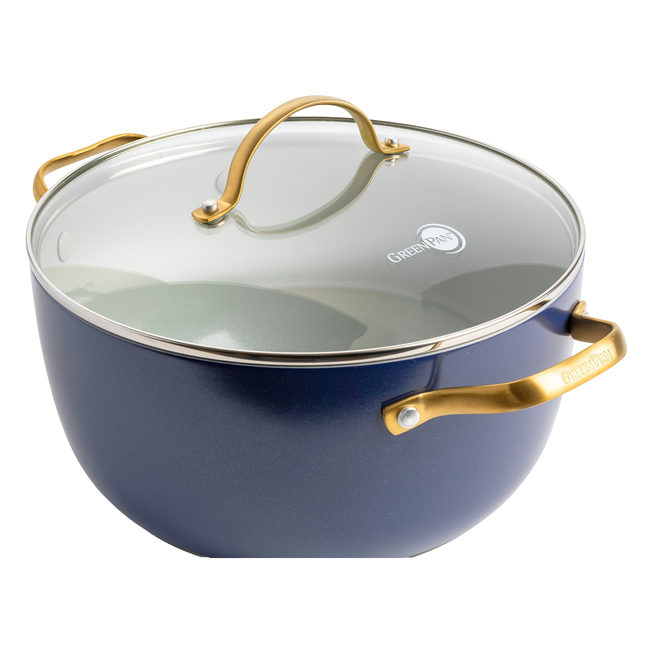 Ein blauer GreenPan-Topf mit Glasdeckel und goldenen Griffen vor weißem Hintergrund. Der Deckel hat das GreenPan-Logo.