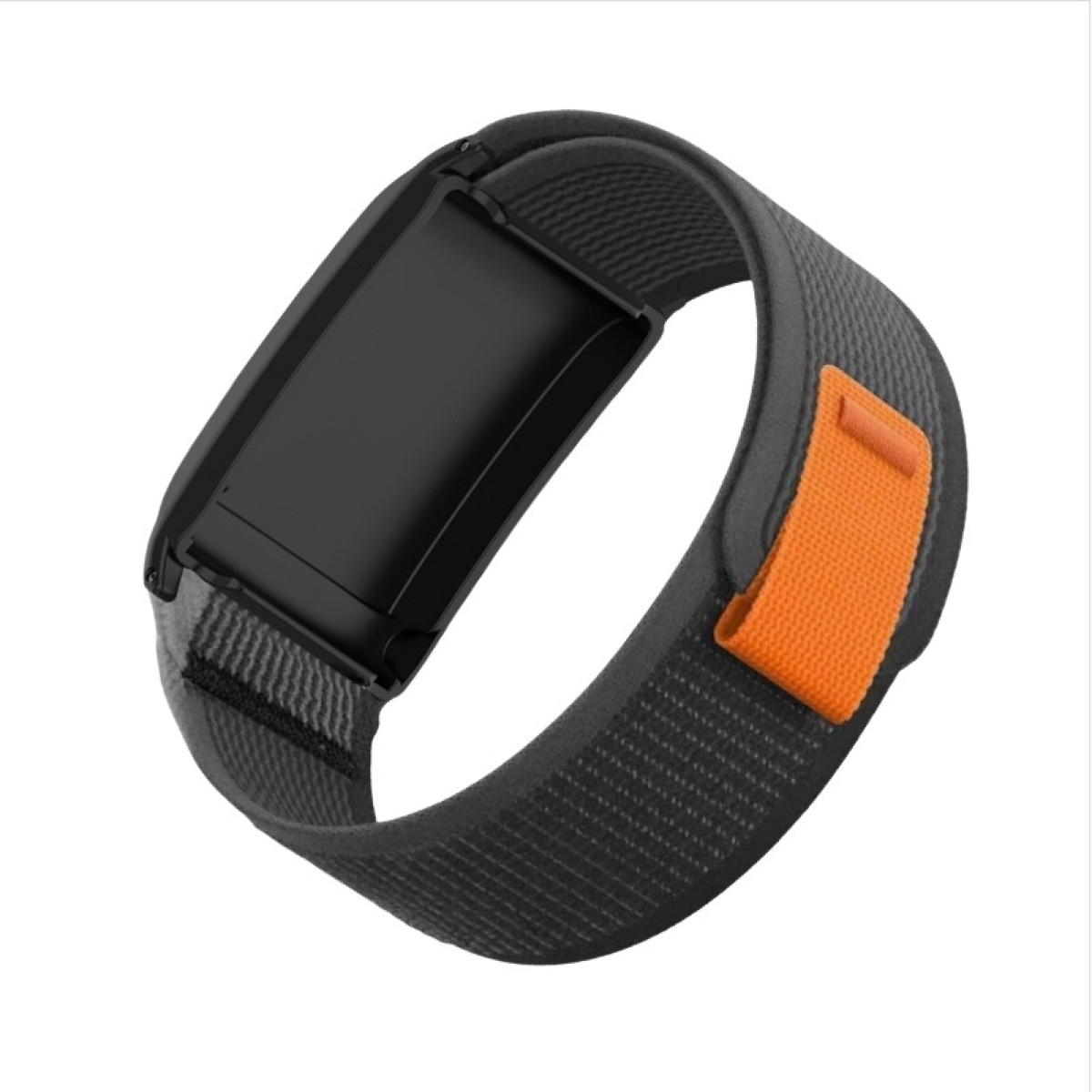 Un fitness tracker nero con cinturino grigio e cinturino arancione. Il tracker è su sfondo bianco.