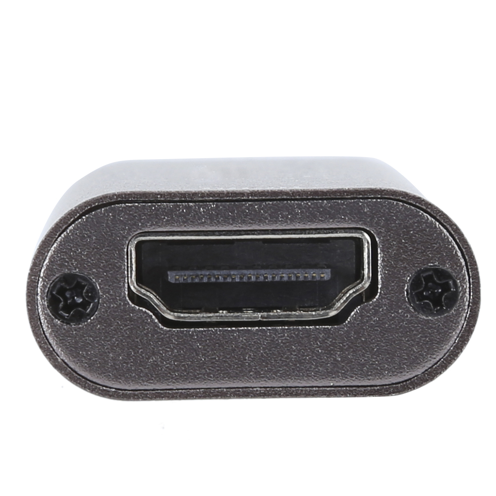 Nahaufnahme eines HDMI-Anschlusses. Er hat ein dunkelgraues ovales Gehäuse mit dem Anschluss in der Mitte und Schrauben auf jeder Seite.