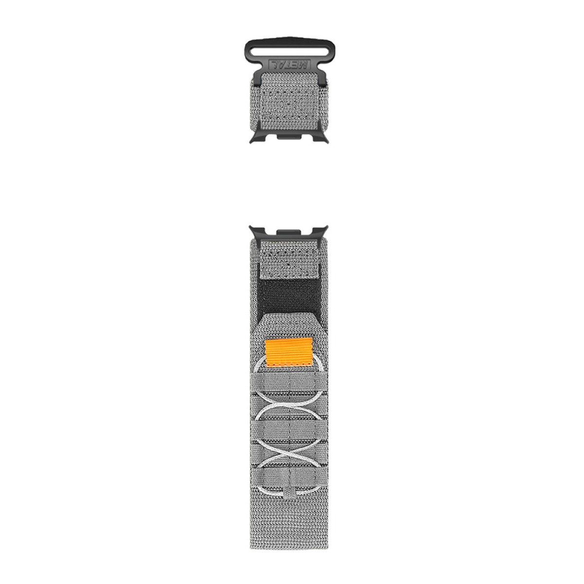 Graues Uhrenarmband mit schwarzen und orangen Akzenten. Das Armband besteht aus gewebtem Material. Zwei Teile werden getrennt angezeigt.