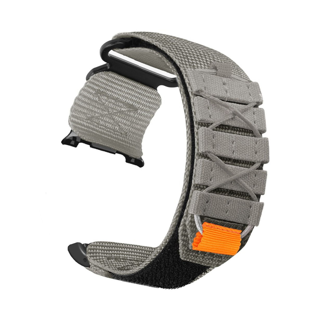 Graues Uhrenarmband mit schwarzen Anschlüssen und orangefarbenem Zugband. Klettverschluss. Aus gewebtem Stoff. Isoliert auf weißem Hintergrund.