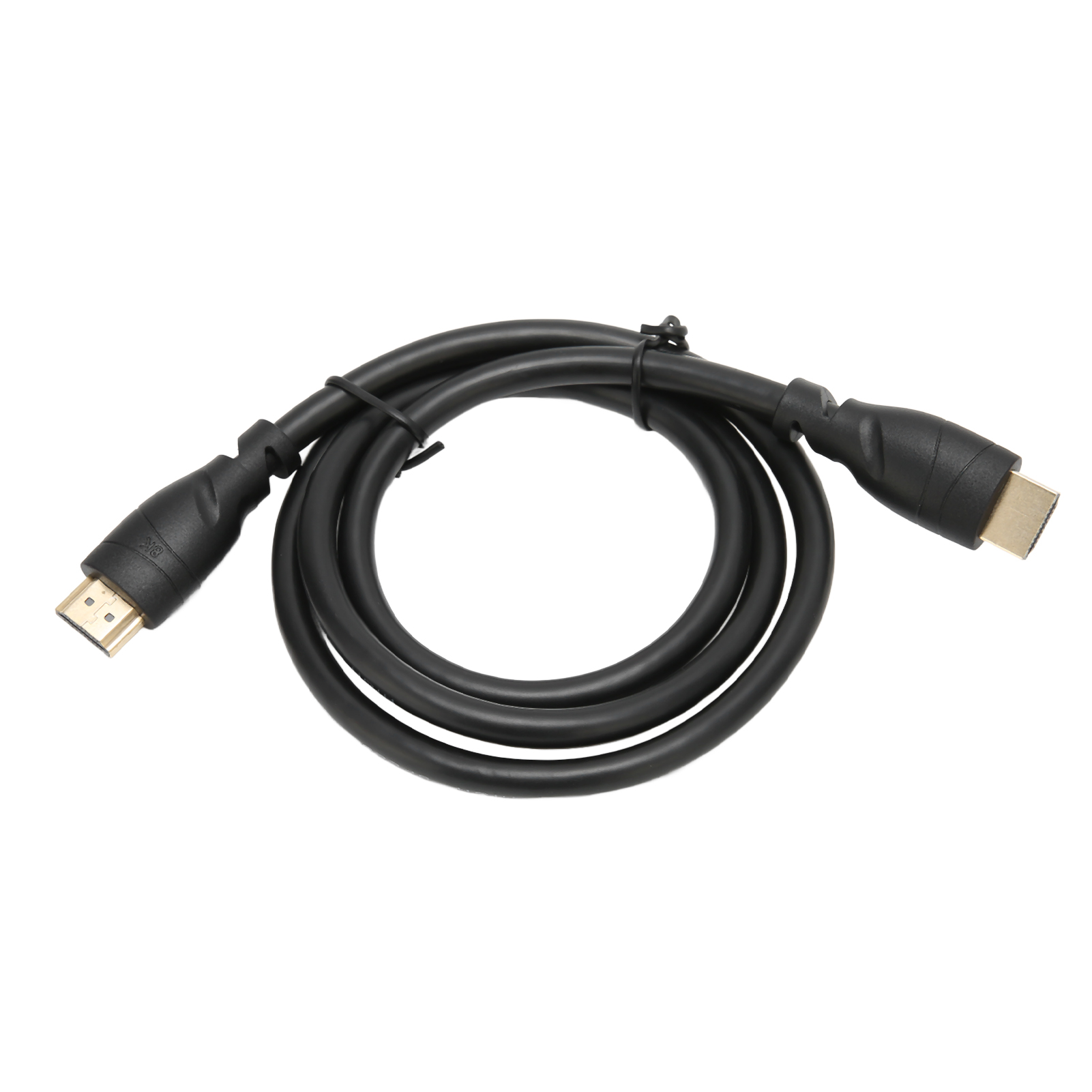 Ein schwarzes HDMI-Kabel ist auf weißem Hintergrund aufgerollt. Das Kabel hat an beiden Enden Stecker und ist mit einem Kabelbinder befestigt.