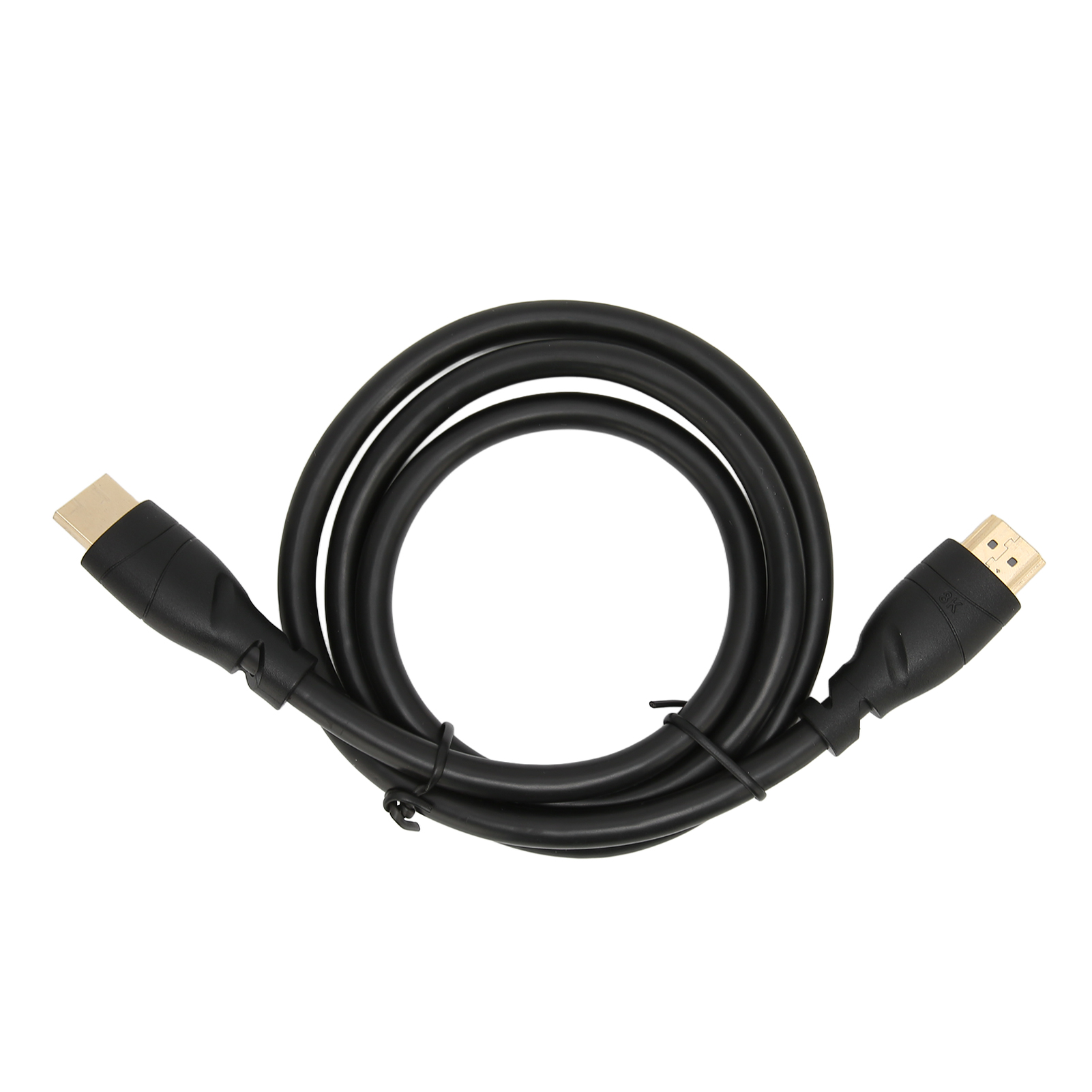Ein schwarzes HDMI-Kabel, zu einer Schlaufe aufgerollt, liegt auf weißem Untergrund. Die Stecker sind goldfarben.