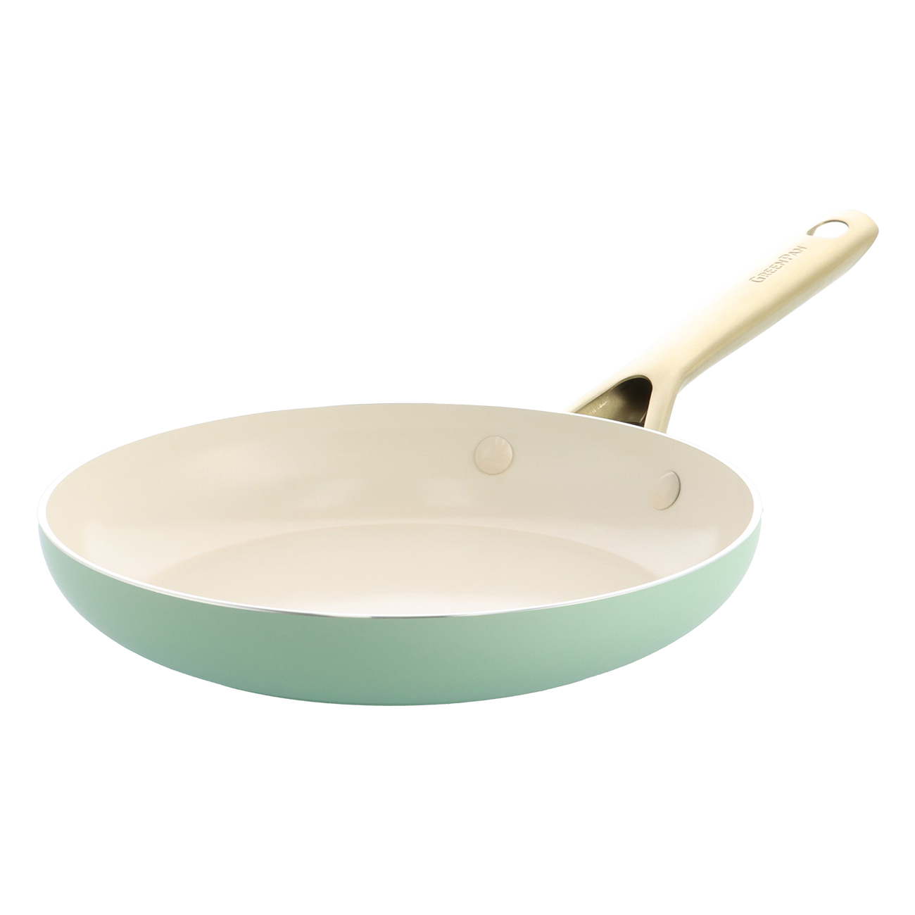 Eine hellgrüne Bratpfanne mit beigem Griff. Die Pfanne hat eine beige Innenseite und befindet sich auf weißem Hintergrund.