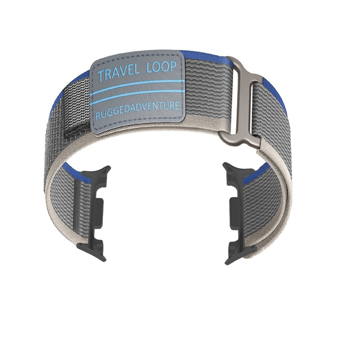 Ein graues und blaues Uhrenarmband mit Metallschnalle. Auf dem Armband steht "TRAVEL LOOP" und "RUGGEDADVENTURE".