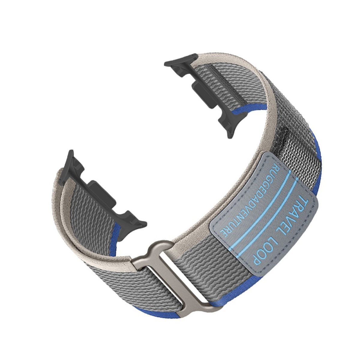 Ein graues und blaues Uhrenarmband mit schwarzen Anschlüssen. Es steht 'TRAVEL LOOP' und 'RUGGEDADVENTURE'.