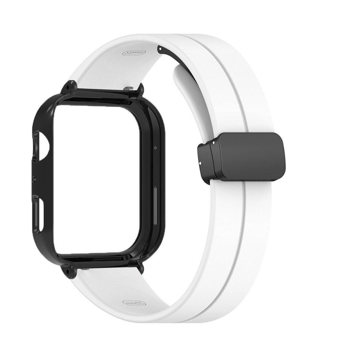 Un cinturino bianco con cornice e chiusura nere. Il cinturino si curva, mostrando il design e la chiusura.