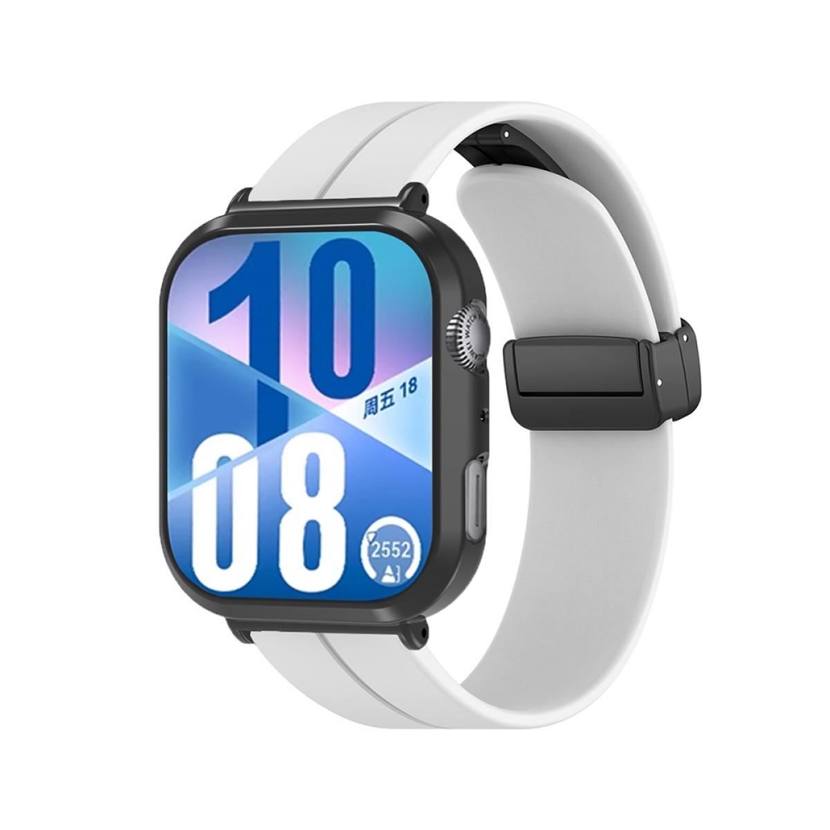 Uno smartwatch con cinturino bianco, che mostra le 10:08 sullo schermo. L'orologio ha una cornice nera e una fibbia nera.