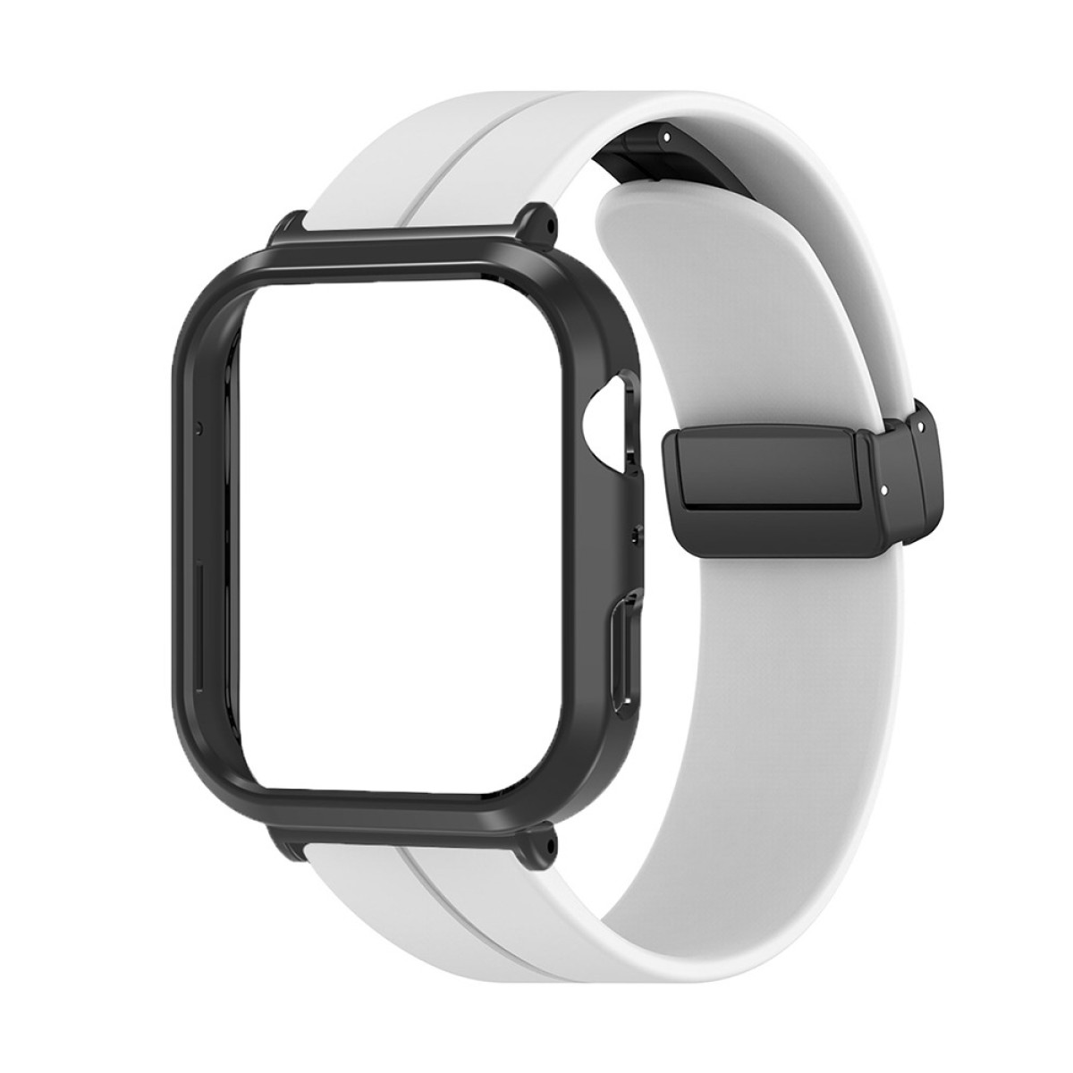 Custodia per smartwatch con cornice nera e cinturino bianco. Il cinturino ha una chiusura nera. La custodia è vuota.