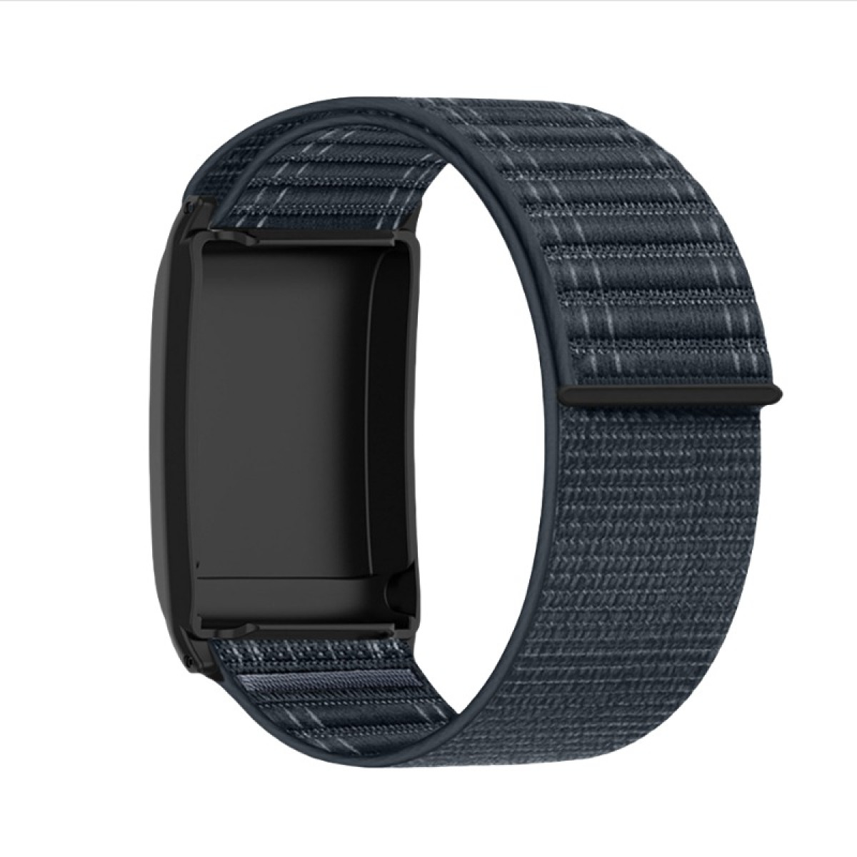 Uno smartwatch nero con un cinturino in nylon intrecciato grigio scuro è mostrato su sfondo bianco. Il cinturino forma un cerchio completo.