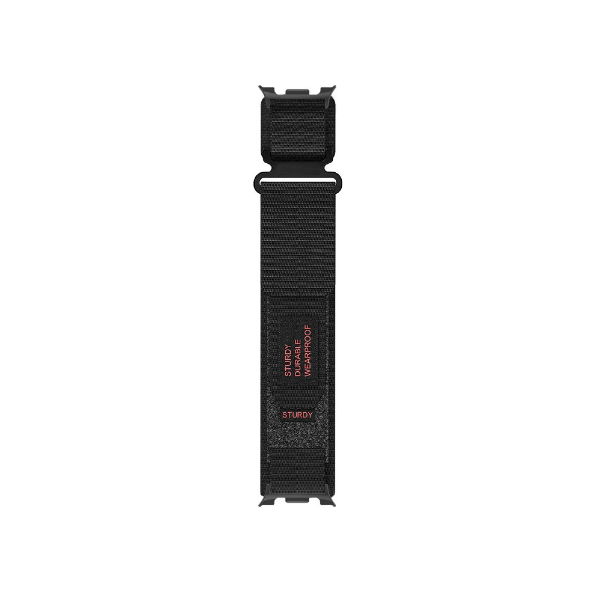 Cinturino nero con testo rosso: Robusto, Durevole, Antipioggia. Sfondo bianco.