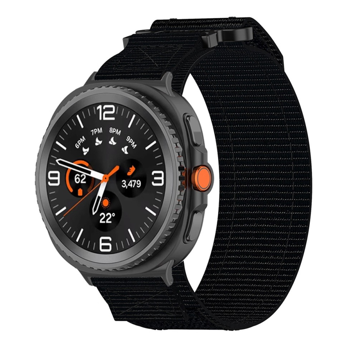 Smartwatch nero con cinturino nero. Il quadrante è nero con dettagli bianchi e arancioni. Ha un pulsante arancione.