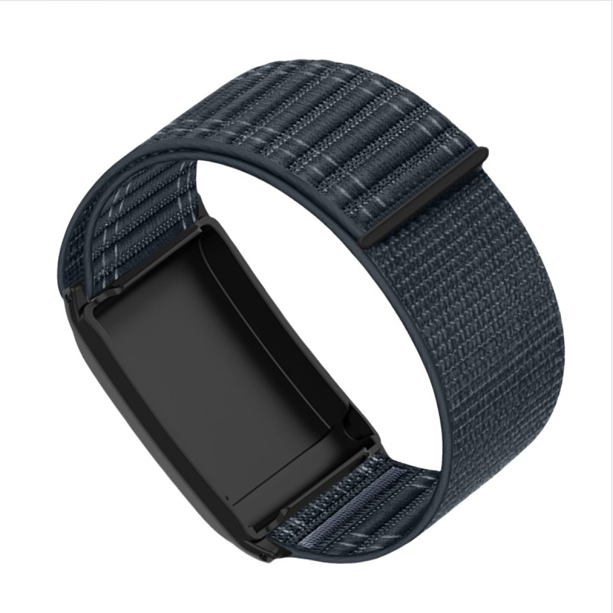 È mostrato un cinturino per smartwatch grigio scuro, composto da un cinturino strutturato e da una base rettangolare nera.