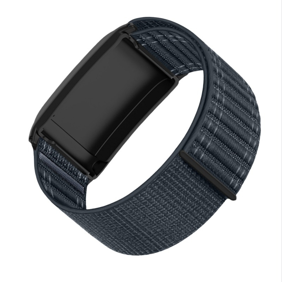 Uno smartwatch nero con cinturino in tessuto blu scuro è mostrato su sfondo bianco. Il cinturino è strutturato e curvo.