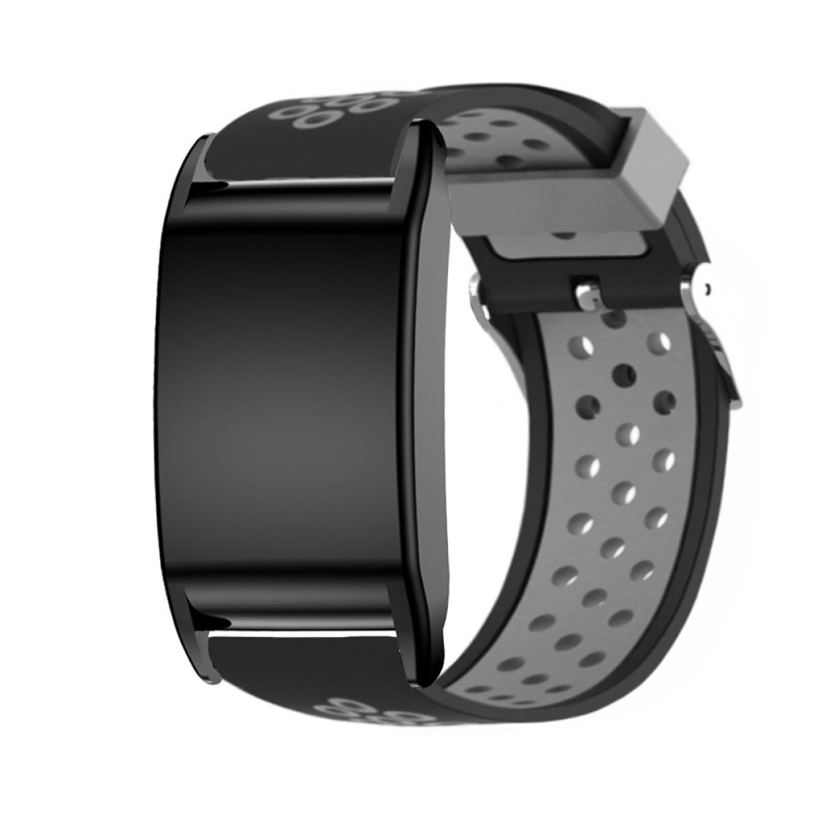 Ein schwarzer Fitnesstracker mit einem grau-schwarzen Armband. Das Armband hat ein Muster und Löcher. Der Tracker befindet sich auf weißem Hintergrund.
