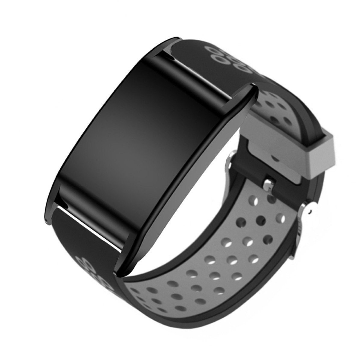 Schwarzer Fitnesstracker mit grau-schwarzem Armband. Perforiertes Armbanddesign. Silberverschluss. Weißer Hintergrund.