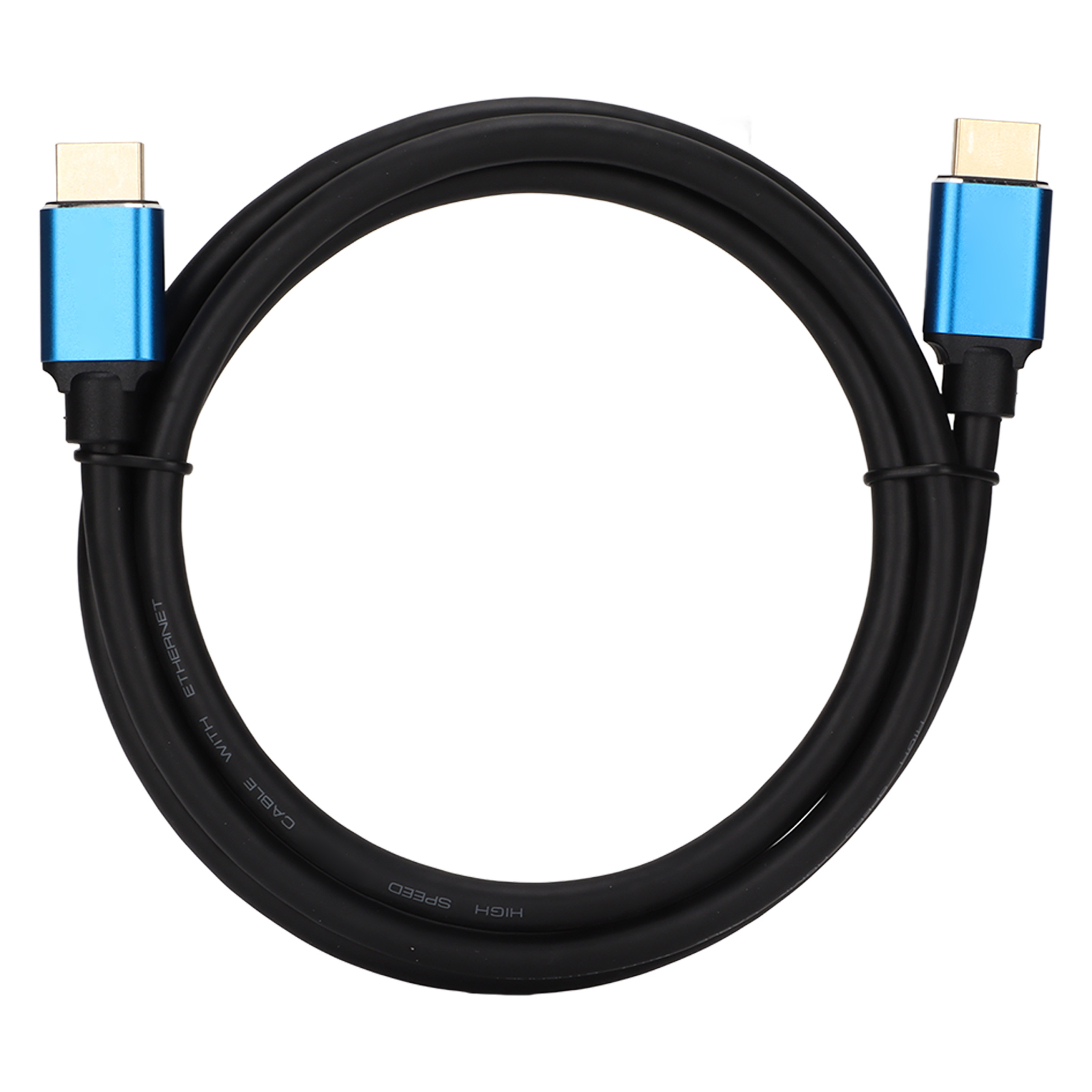 Ein schwarzes Kabel mit blauen Steckern auf weißem Hintergrund. Das Kabel ist kreisförmig gebogen.