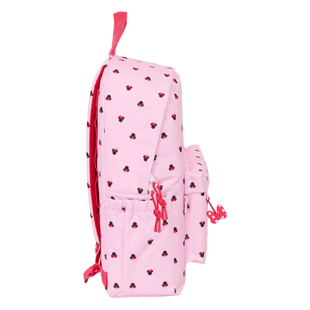 Rosa Rucksack mit schwarzen und roten Minnie-Mouse-Mustern. Er hat rote Träger, einen Tragegriff und eine Seitentasche. Ein Minnie-Mouse-Anhänger hängt.