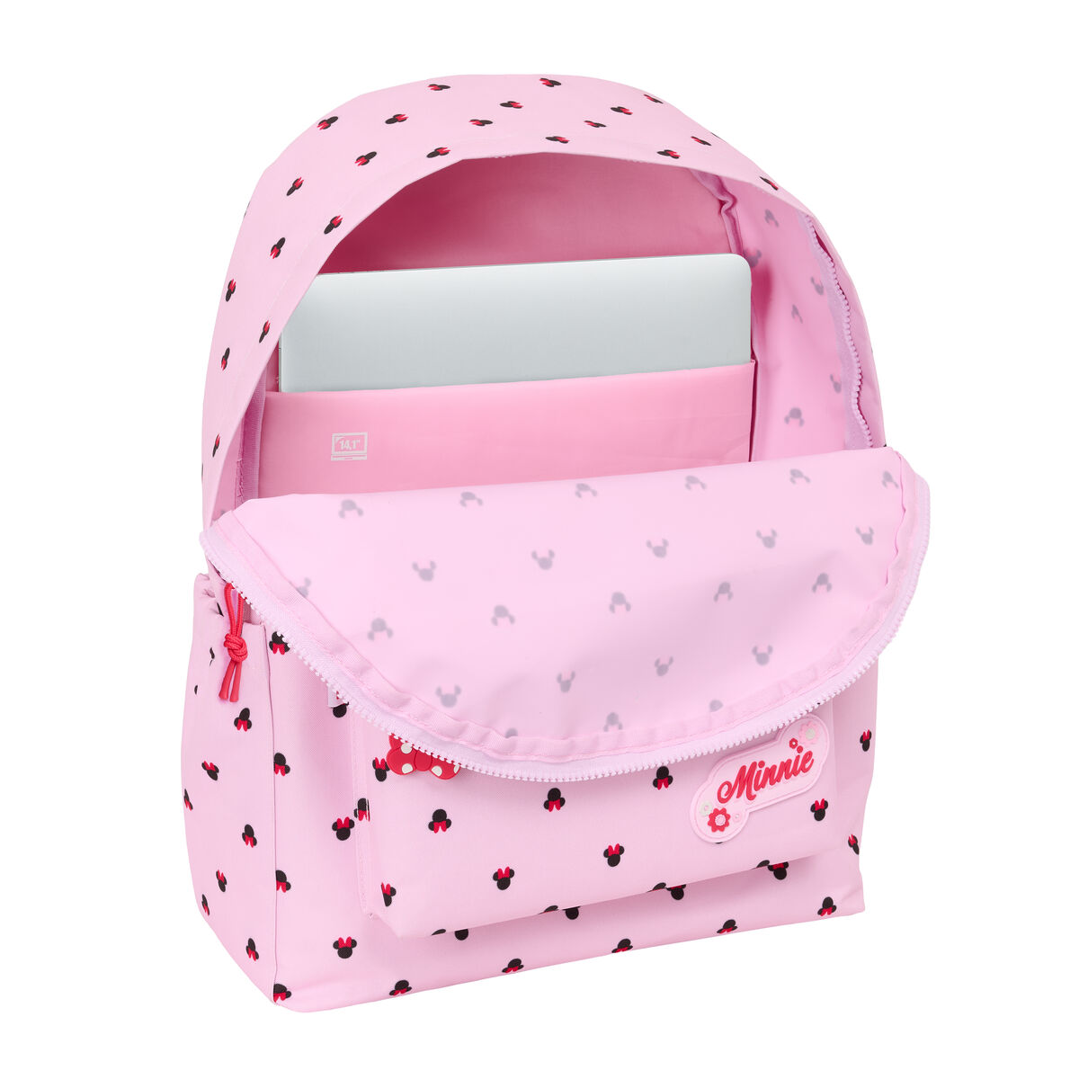 Offener pinkfarbener Minnie Mouse Rucksack mit Laptop und pinkfarbenem Innenraum. Verziert mit Mäusekopfmustern und dem Minnie-Logo.