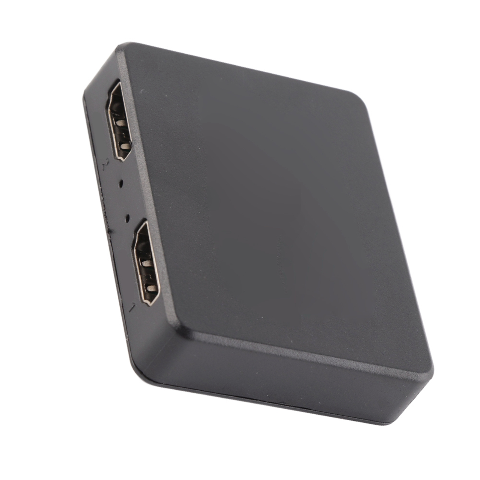 Ein schwarzer HDMI-Switch-Box mit zwei sichtbaren Anschlüssen. Die Box ist rechteckig mit abgerundeten Kanten, vor weißem Hintergrund.