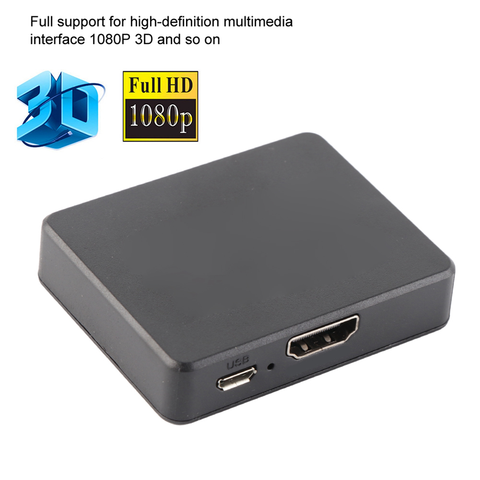 Schwarzes Gerät mit HDMI- und USB-Anschlüssen. Logos für 3D und Full HD 1080p.