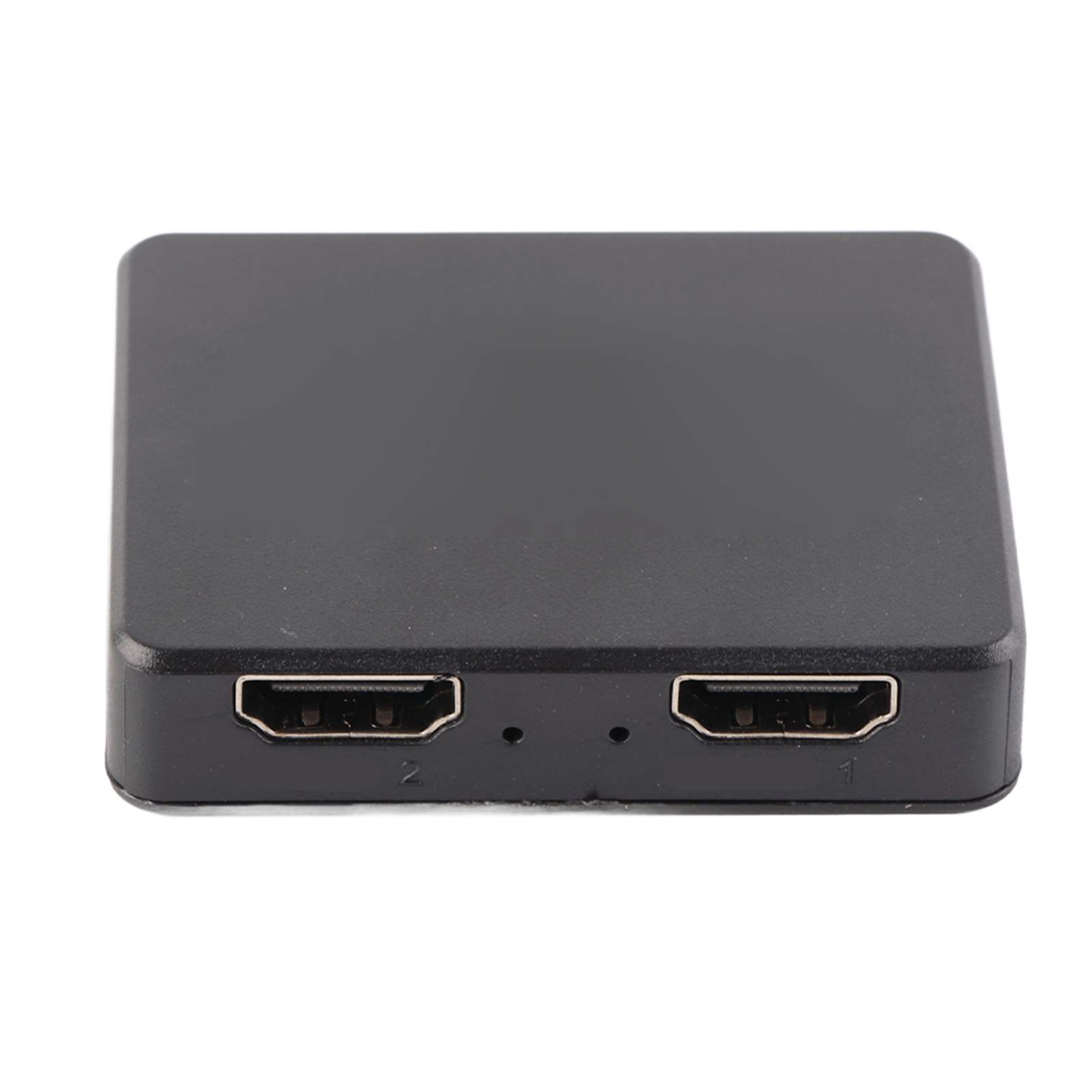 Ein schwarzer HDMI-Splitter auf weißem Hintergrund. Es hat zwei Anschlüsse mit den Bezeichnungen 1 und 2.